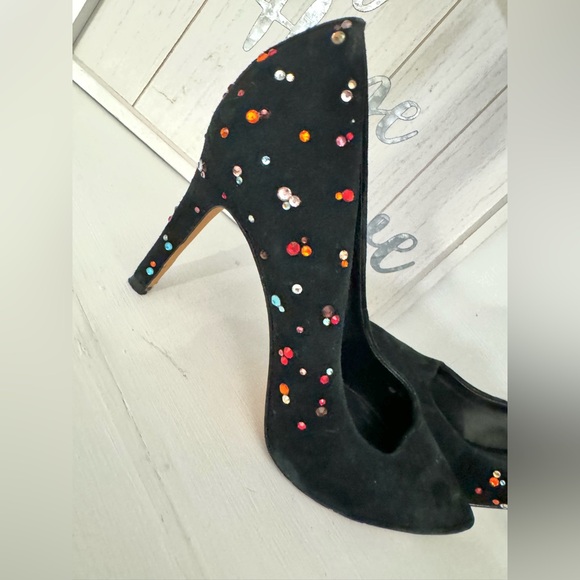 Dazzling ANTONIO MELANI "Moneka" Black Suede Heels Studded with Colorful Stones - Picture 8 of 9